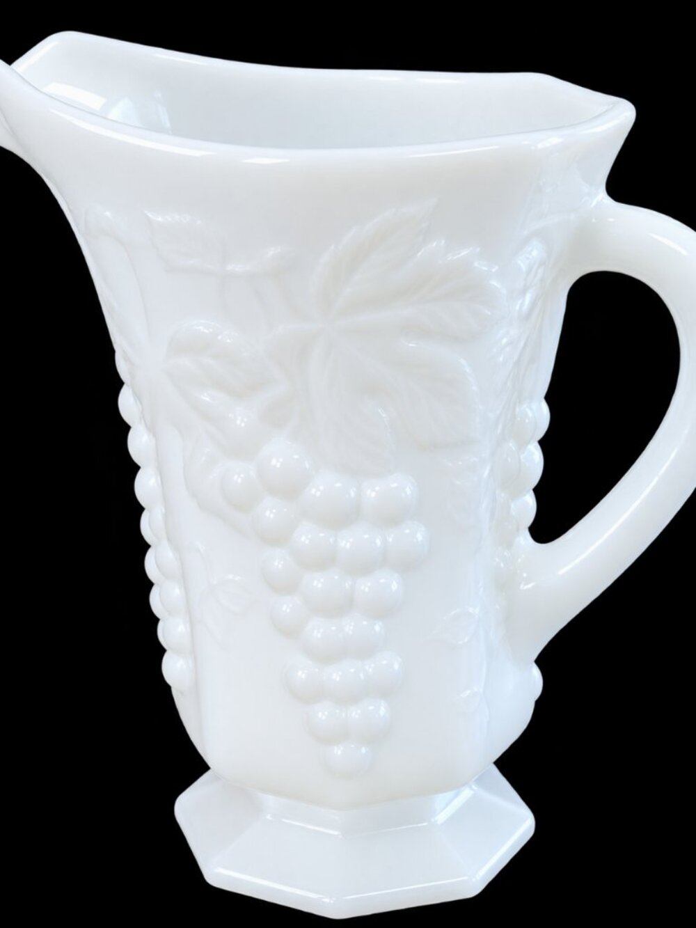 Vintage Anchor Hocking Milk Glass Grape Vine Footed Pitcher 1950s 1960s